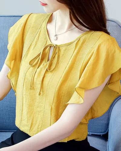 Female O-Neck Bow Lacing Hollow Out Solid Blouse Loose Oversize Flying Sleeve Patchwork Chiffon Shirt Women's Summer Clothing