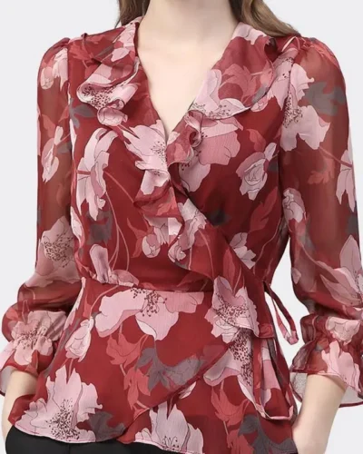 Elegant V-Neck Blouse Fashion Ruffles Spliced Spring Summer Waist Drawstring Women's Clothing Commute Vintage Asymmetrical Shirt
