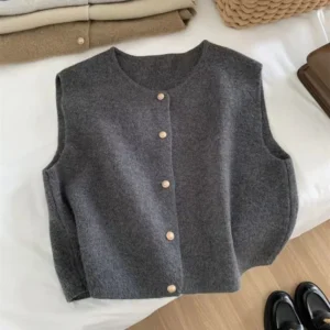 Crew Neck Women's Korean Solid Button Short Sleeve Cardigan Coats Sweater Knitted Sleeveless Ladies Elegant Tanks Bottoming