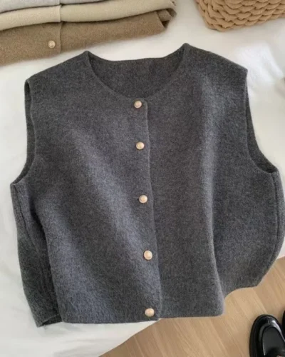 Crew Neck Women's Korean Solid Button Short Sleeve Cardigan Coats Sweater Knitted Sleeveless Ladies Elegant Tanks Bottoming