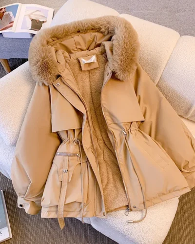 Fleece Lined Hood Down Jacket Winter Coat for Women Warm Drawstring Padded Parkas Korean Casual Streetwear Female Puffer Outwear