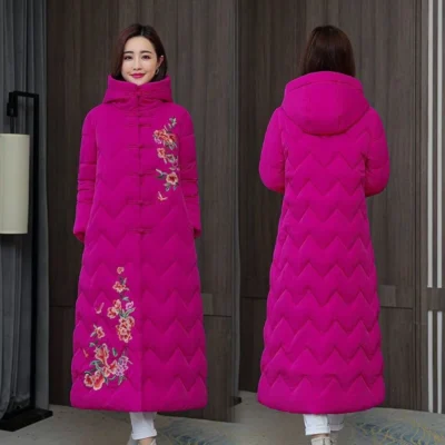 Winter Down Cotton Padded Women Chinese National Style Embroidered Long Outwear Thickened Warm Hooded Parka Coat Female