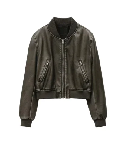 Women's Street fashion Faux Leather Bomber Jacket Stand Collar Black Short Leather Coat