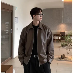 PU High-quality Men's Solid Color Vintage Jacket, Versatile Street Fashion  Daily Wear, Windproof, Waterproof Faux Leather.