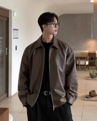 PU High-quality Men's Solid Color Vintage Jacket, Versatile Street Fashion  Daily Wear, Windproof, Waterproof Faux Leather.