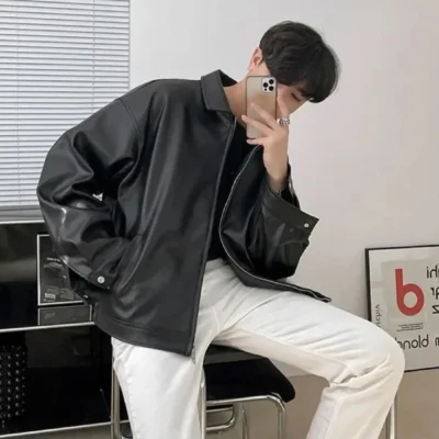 New Trendy Men's Leather Jacket Korean Style Pu Leather Spring Casual Motorcycle Jacket Trendy Baseball Uniform 2024