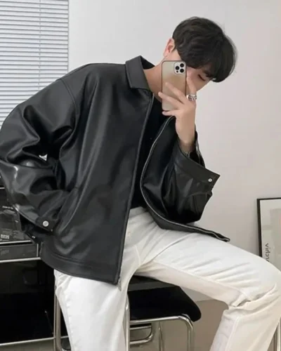 New Trendy Men's Leather Jacket Korean Style Pu Leather Spring Casual Motorcycle Jacket Trendy Baseball Uniform 2024