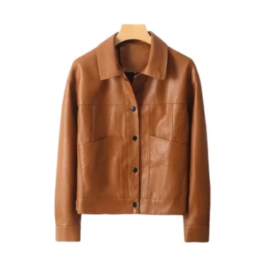 2023 New Female Motorcycle Leather Jacket Spring and Autumn Women's Leather Lapel Button Slim Korean Version of Women's Coat