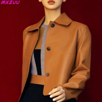 Women's Sheepskin Short Tops Harajuku Fashion Jassen Dames Slim Jaqueta De Couro Legítimo Square Collar Trendy Streetwear Coat
