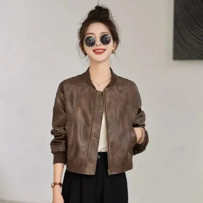 Hot Short Bomber Jacket for Women Spring Autumn Brown PU Leather Baseball Aviator Coat Woman Harajuku Pretty Luxury High Quality