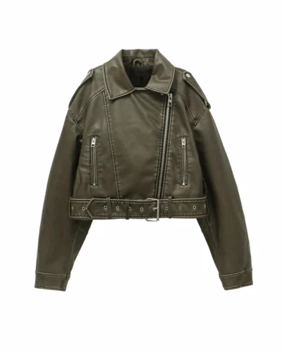 ZVRI 2024 Women Vintage Loose Pu Faux Leather Short Jacket with Belt Streetwear Female Zipper Retro Moto Biker Coat Outwear Tops