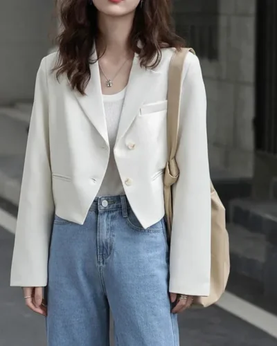 Fashion Design Cropped Suit Jacket Women 2025 Autumn Long Sleeve Korean Blazers Woman Solid Color Single-Breasted Office Coat