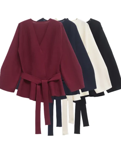 TRAFSHE Spring Women Shoulder Pad Belt Knit Blazer Women Retro V-neck Long Sleeve Versatile Female Coat Women Clothes 9598/128