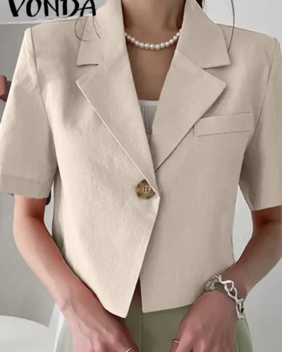 VONDA Elegant Summer Blazer Women Short Sleeve Suit Collar OL Coat 2023 Fashion Outwear Solid Color Casual Button Tunic Tops