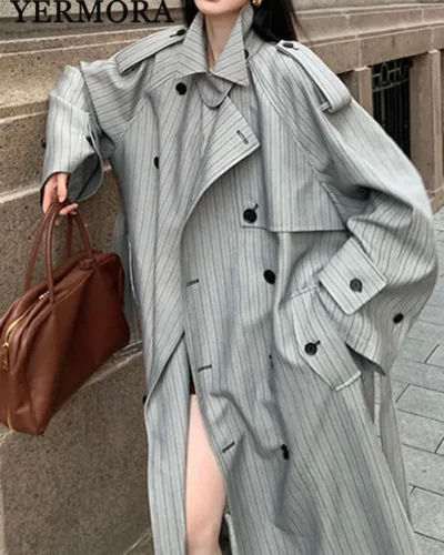 YERMORA Fashion Designer Long Trench Coat Women Lapel Double Breasted Belt Gathered Waist Windbreaker 2024 Autumn Winter New