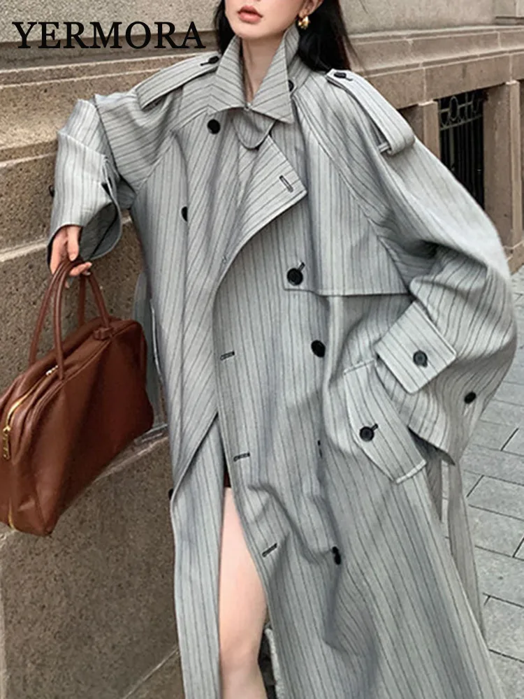 YERMORA Fashion Designer Long Trench Coat Women Lapel Double Breasted Belt Gathered Waist Windbreaker 2024 Autumn Winter New