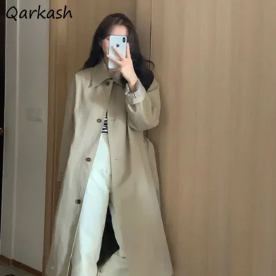 Turn-down Collar Trench Women New Korean Style Autumn Students Coats All-match Long Single Breasted Comfortable Chic Fashion