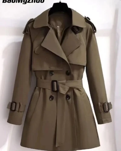 2022 Autumn Winter Elegant Women Double Breasted Solid Trench Coat 100% Cotton Vintage Turn-Down Collar Loose Trench with Belt