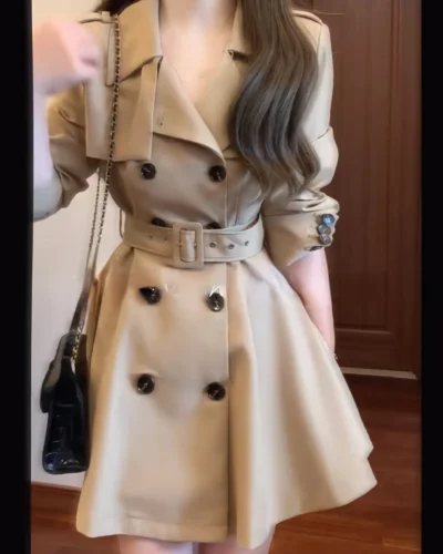Autumn Winter Woman Korean Fashion Tops Trench Coats Elegant Khaki Turn Down Collar Long Sleeve High Waist Slim A Line Jackets