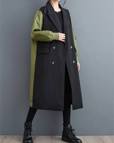 Oversized Turn-down Collar Trench Coat For Women 2024 Autumn Winter Casual Loose Vintage Patchwork Fashion Outerwear Cardigan