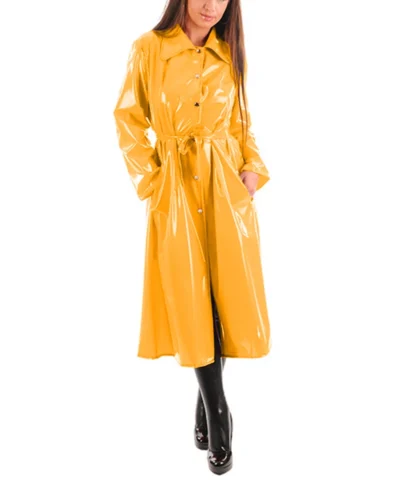 Women's PU Leather Turn-Down Collar Midi Trench, Shiny Faux Leather, Button-Up, Long Sleeve Dress Coats with Belt, Sexy Wet Look