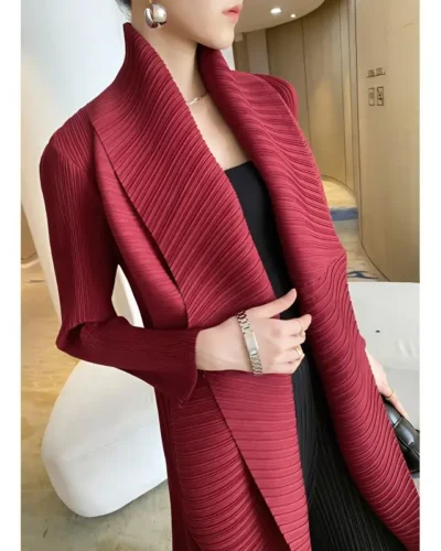 Luxury Pleated Coat New Turn Down Collar Long Sleeve Mid-length Trench Coat Oversized Windbreaker Cardigan High-end Chic Jackets