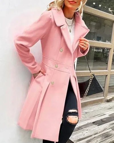 Women's Wool Trench Outerwears Winter with Skirt Hemline Double Breasted Flip Lapel Lined Women's Jacket Warm Streetwears