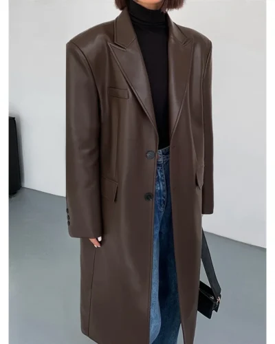 Women Leather Long Jacket Trench Oversized Faux Leather Blazer Button Down Lapel Coat with Pockets Down Shirts/Coats Work Office