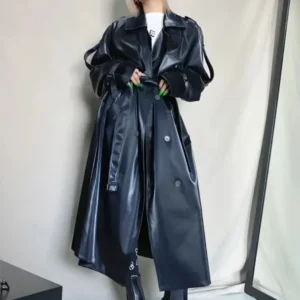 ADAgril Black Leather Trench Coat Women Retro Biker Long Windbreak Jackets Loose Korean Style Fashion Autumn Winter Clothes New