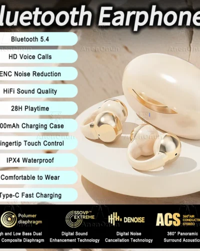 TWS Earbuds Ear Clip Bluetooth Earphones 28H Playtime ENC Noise Cancelling IPX4 Waterproof Hands-Free for iOS/Android - Apricot