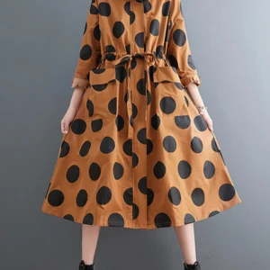 2022 Autumn Winter Oversized Polka Dot Long Trench Coat For Women Clothes Stand Collar Drawstring Fashion Casual Loose Outerwear