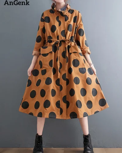 2022 Autumn Winter Oversized Polka Dot Long Trench Coat For Women Clothes Stand Collar Drawstring Fashion Casual Loose Outerwear