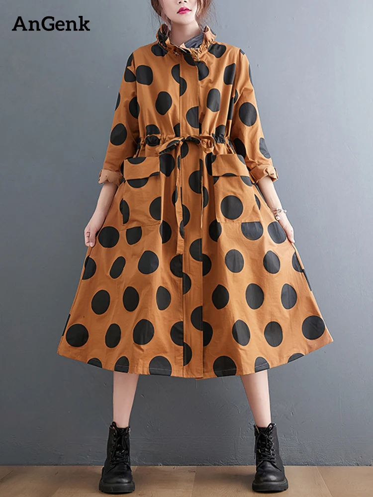 2022 Autumn Winter Oversized Polka Dot Long Trench Coat For Women Clothes Stand Collar Drawstring Fashion Casual Loose Outerwear
