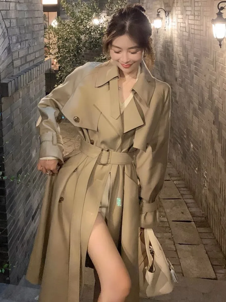 Autumn Winter Khaki Long Trench Coat for Women 2024 Jacket Elegant Outerwear Turn-down Collar Tie Belt Korean Chic Windbreaker