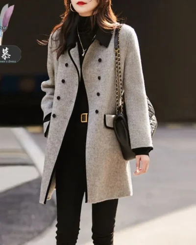 Main Mu Autumn Winter New Fashion Korean Edition Slim Casual Versatile Temperament Contrasting Color Small Collar Woolen Trench