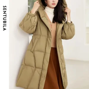 SENTUBILA Women's Winter Puffer Down Jacket Women 2024 Hooded Lantern Sleeve Windproof Mid-Length Down Coats Ladies W44Y58448X