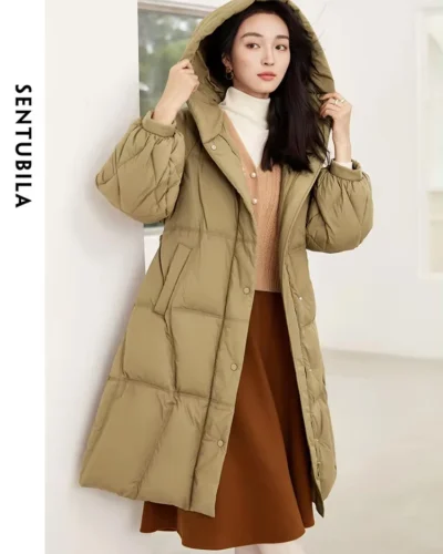 SENTUBILA Women's Winter Puffer Down Jacket Women 2024 Hooded Lantern Sleeve Windproof Mid-Length Down Coats Ladies W44Y58448X