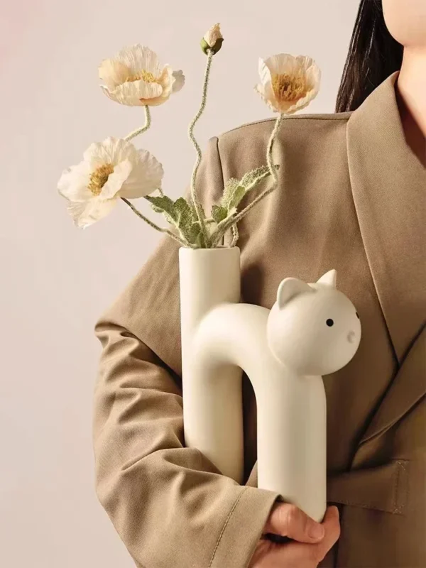 Ceramic Flower Vase H-shaped Cute Tubular Kawaii Cat Vase Room Home Desktop Decoration Room Decor Art Ornament Gift Flowerpot