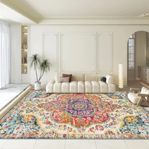 VIKAMA Bohemian Retro Style Loop-Pile Rug - Ultra-Thin, Stain-Resistant, Non-Slip Carpet for Living Room & Office, Soft Floor Ma