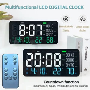 LED Digital Wall Clock Formaldehyde/CO2/TVOC Display Smoke Recognition Countdown Bedroom Decorative Clock with Remote Control