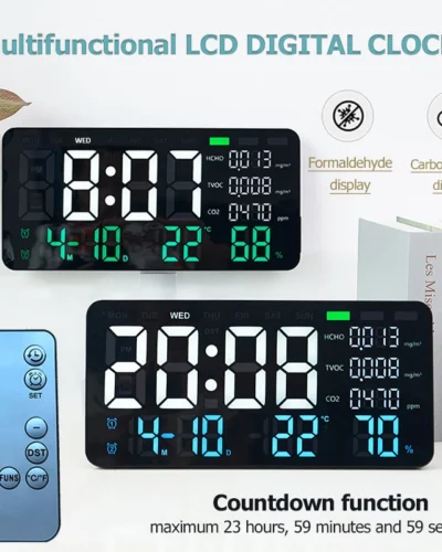 LED Digital Wall Clock Formaldehyde/CO2/TVOC Display Smoke Recognition Countdown Bedroom Decorative Clock with Remote Control