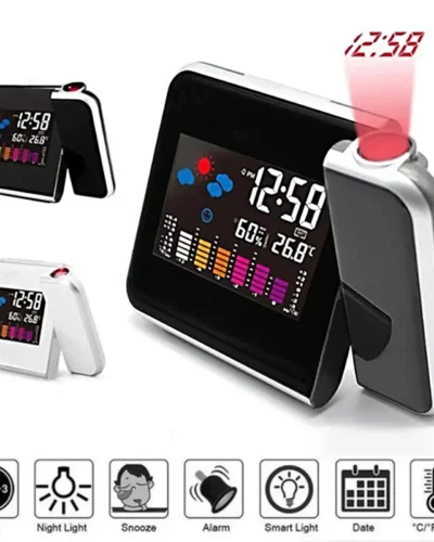 Color Screen Digital Projection Weather Alarm Clock, Electronic LED Adjustable Angle Projection Intelligent Alarm Clock