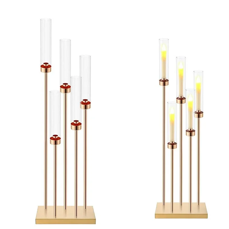 1pcs/lot Gold Floor Candelabra Centerpieces 42.5'' Tall Metal Candle Holders 5 Arms Candlestick With acrylic cover