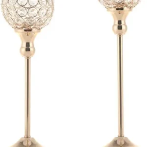 Gold Crystal Candle Holders Set of 2 Pillar Candlesticks for Table Centerpieces Home Decor Wedding Party Housewarming Gift