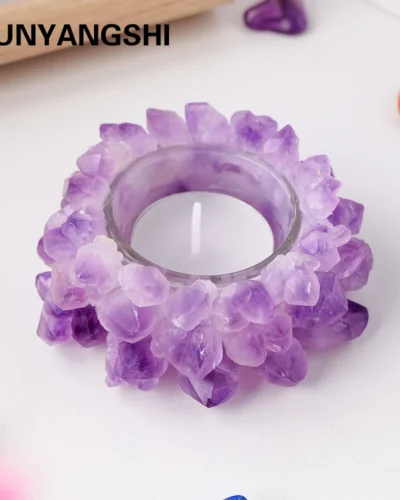 Natural Purple Quartz Amethyst Flowers Crystal candlestick Candle Holder  Energy Healing Calming Effects Wedding Decor