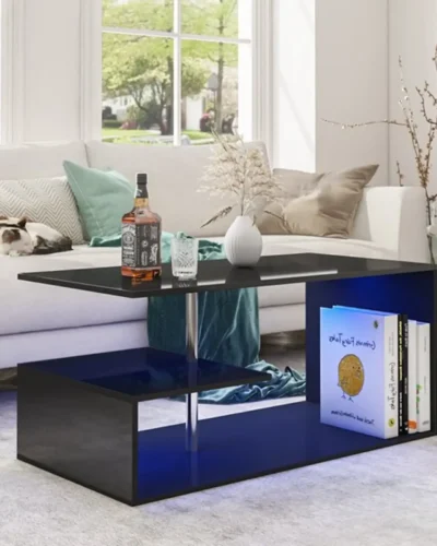 High Gloss Black Coffee Table with LED Lights Open Shelf Smart APP Control S Shaped Modern Sofa Side End Table for Living Room