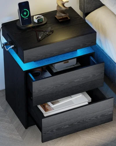 Bedside table with charging station, modern black bedside table with LED lights and drawers, bedroom bedside table/coffee table
