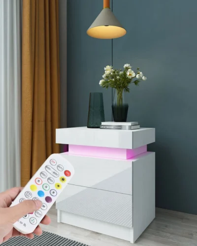 Bedside Desk Bedroom LED Nightstand Bedside Table Large Capacity RGB Light Storage Nightstand Cabinet with 2 Drawers for Bedroom