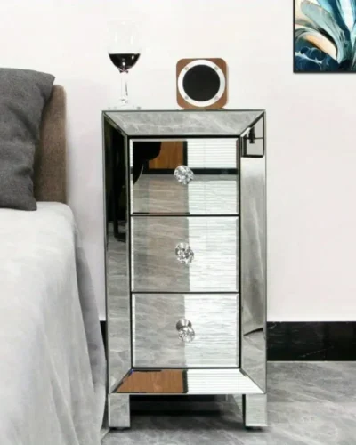 Mirrored Nightstand With 3 Drawer Modern Silver Finished End Bedside Table
