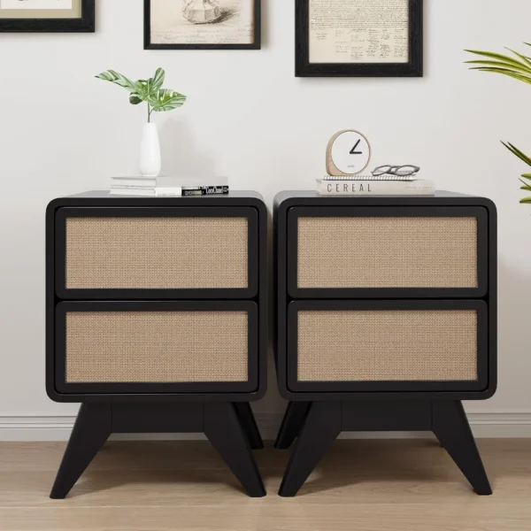 Mid Century Night Stand Set of 2, Wood Bedside Table Curved Round Edge Nightstands with 2 Drawers and Solid Wood Legs, En